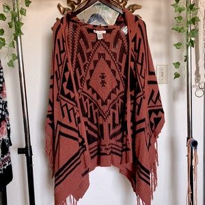 Burgundy and black Aztec print open front kimono sweater
